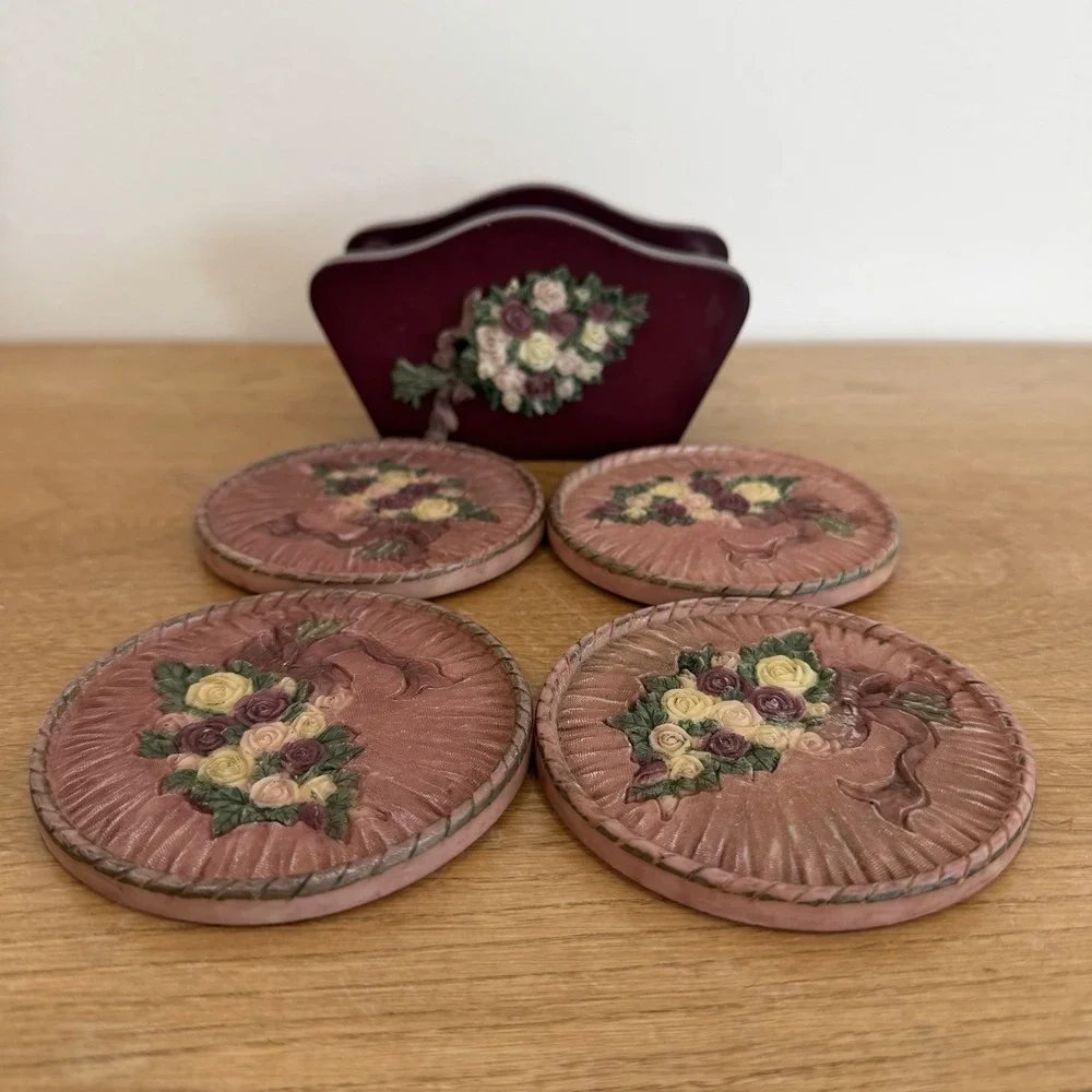 Vintage 3D Rose Bouquet‎ Coaster Set with Matching Holder